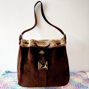 🤍Stuart Weitzman Brown Suede Shearling Trimmed Shoulder Bag Purse